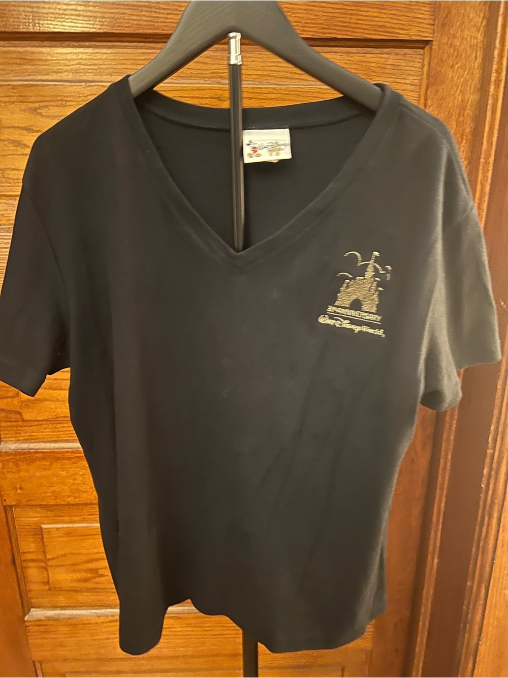 Disney Black V-Neck Tee with Gold Anniversary Castle Logo
